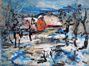 Werkverzeichnis Nr. 1557, um 1990, Häuser mit Bäumen im Winter, Öl auf Karton, 37,0 x 49,9 cm,
						Rückseite von Werkverzeichnis Nr. 145, um 1955, Stillleben mit Trauben 
